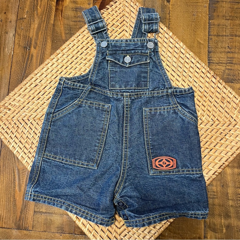 Vintage Baby Guess Denim Overalls Shortalls Like New 90s Y2K Logo Patch 6/9M Vtg